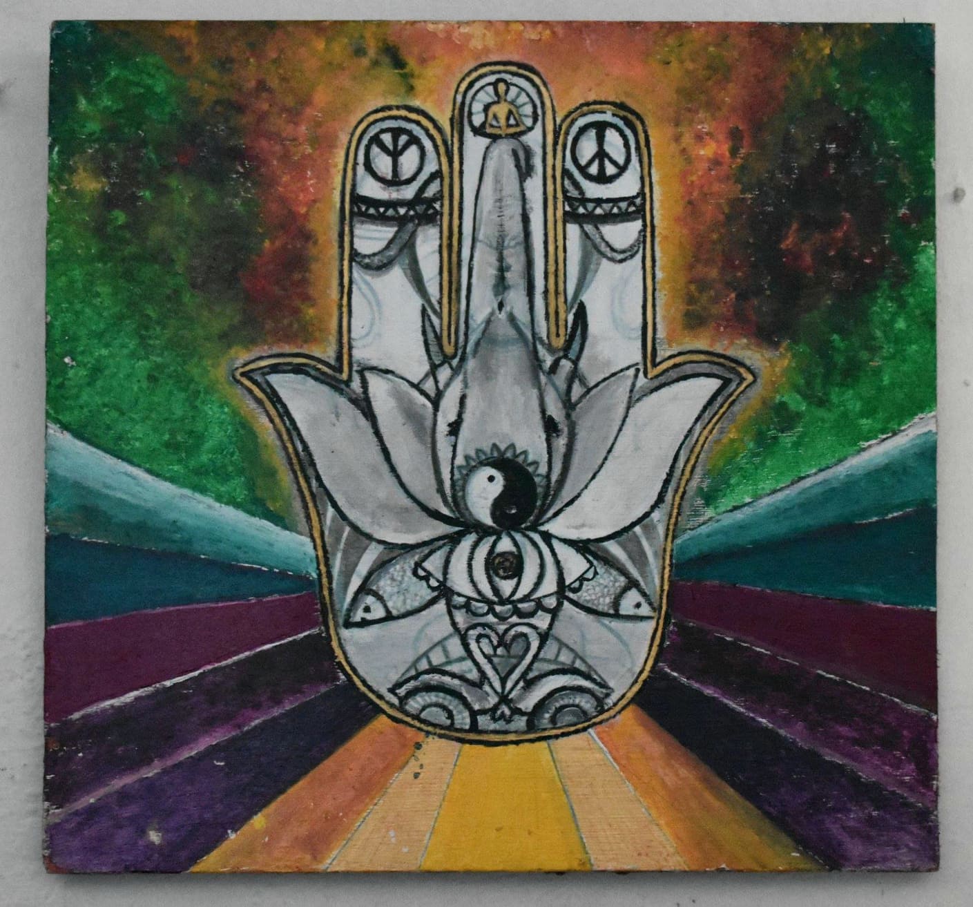 Hamsa, hand of fatimah, hand of mary, aimsa, acrylic painting,colourful, lotus and elephant