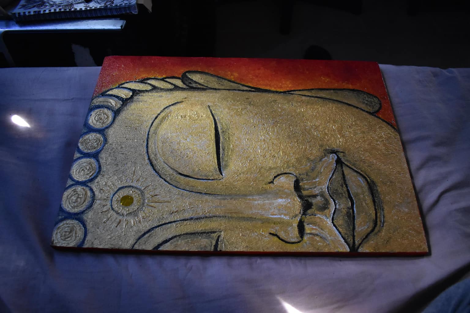 The buddha face, painting on canva by Jean Patrick Pompeia aka JP l'artiste, half face of the golden buddha