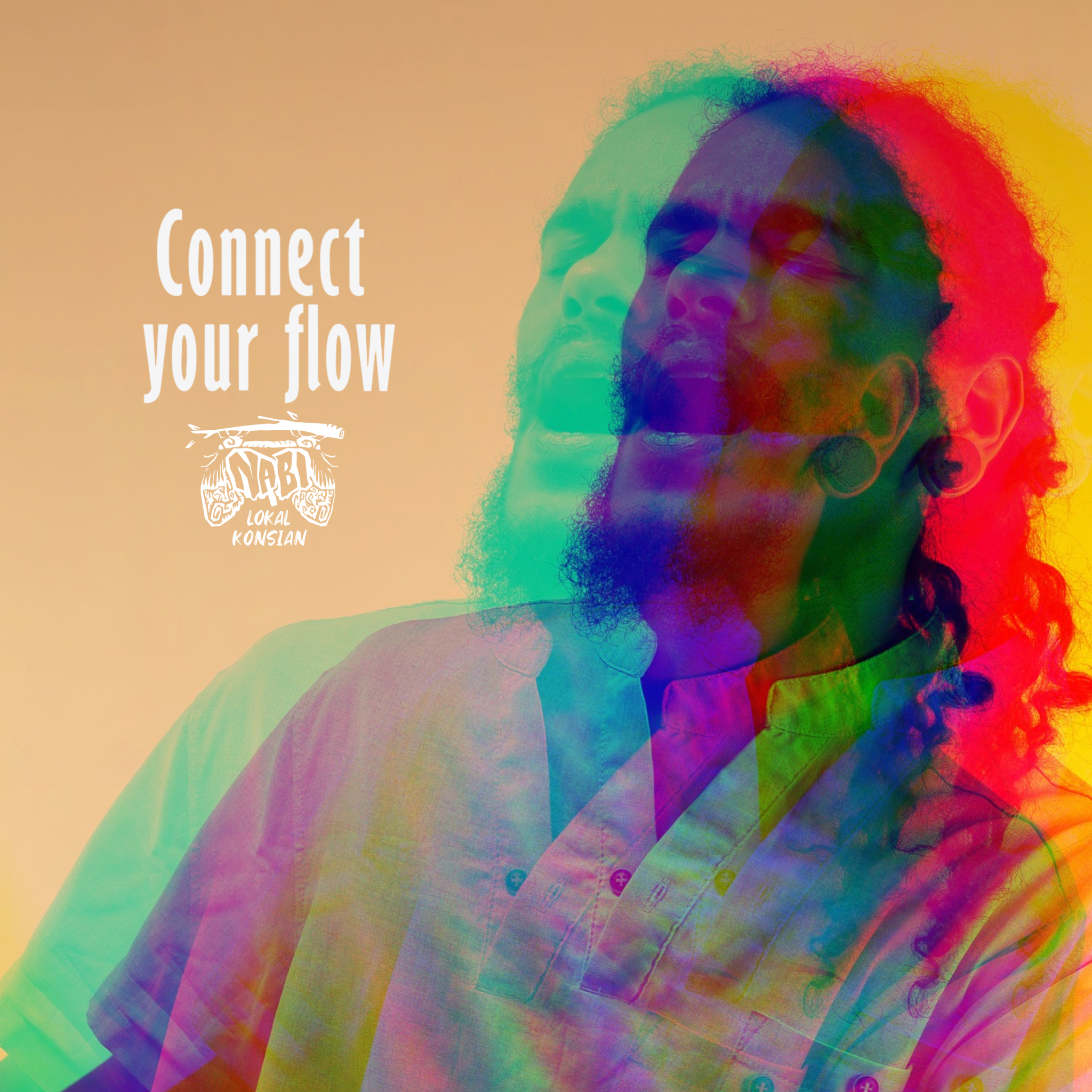 Connect your flow album cover artwork of Nabi alias Christopher Jhureea, Mauritian artist lokal konsian with logo with red and blue visual, Singer composer in Mauritius