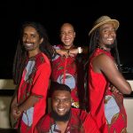 Nula Groove quartet, in red, traditional mauritian music, smiling, happy people, artist community, mizik, lamizik lokal, artist management and booking